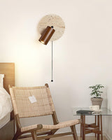 Miadi Natural Yellow Travertine and Wood Wall Lamp with Pull Chain Switch