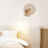 Miadi Natural Yellow Travertine and Wood Wall Lamp with Pull Chain Switch