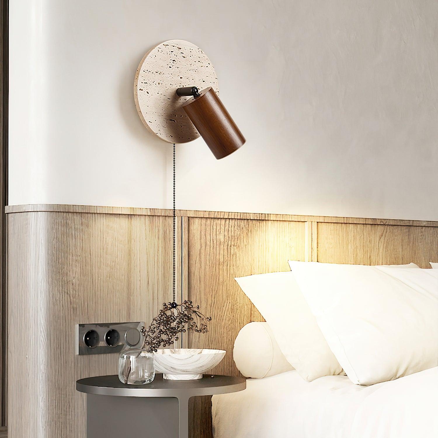 Miadi Natural Yellow Travertine and Wood Wall Lamp with Pull Chain Switch