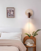 Miadi Natural Yellow Travertine and Wood Wall Lamp with Pull Chain Switch