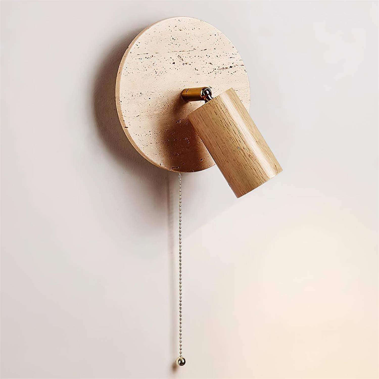 Miadi Natural Yellow Travertine and Wood Wall Lamp with Pull Chain Switch
