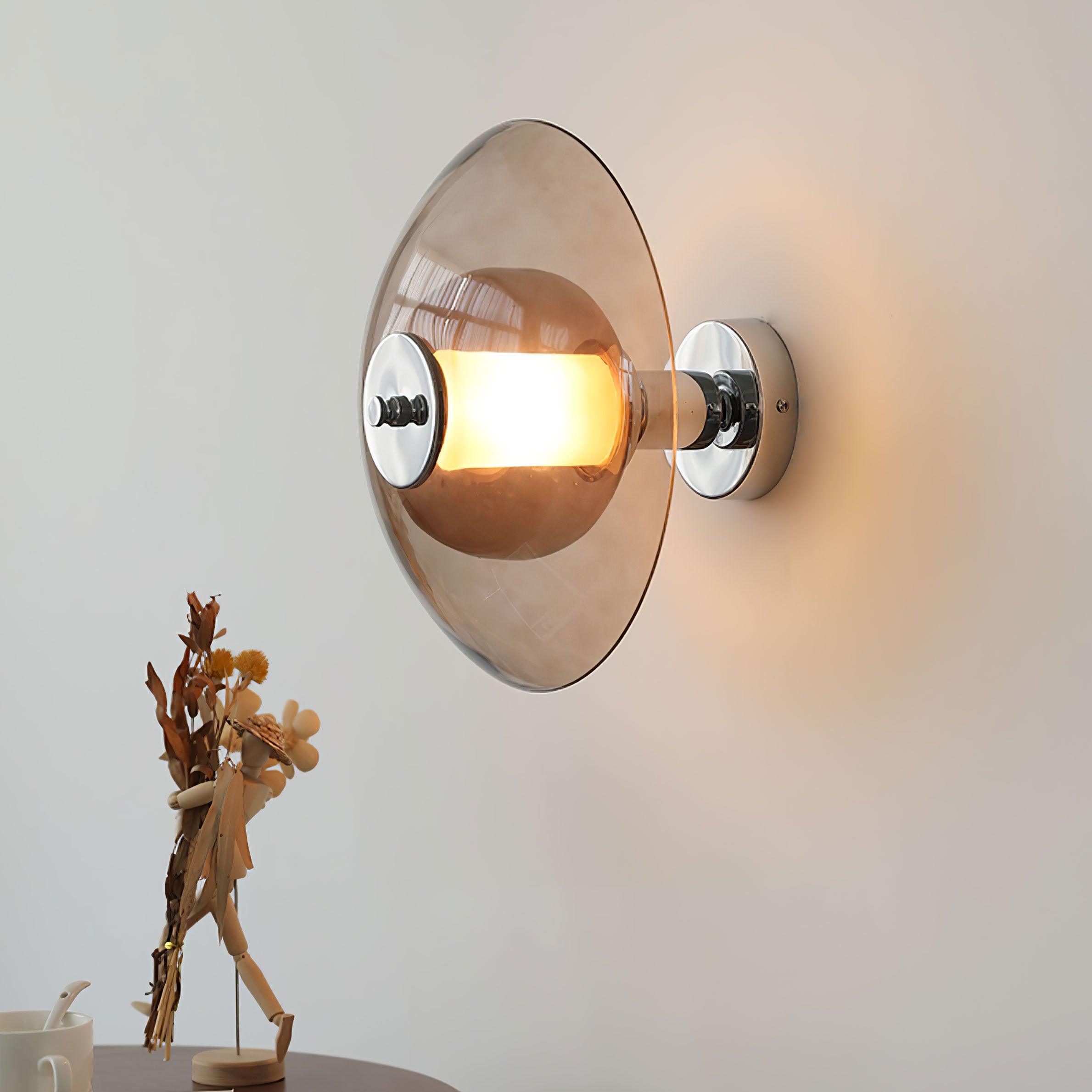 Mid Century Chrome Flying Saucer Wall Sconce with Amber Glass Shade