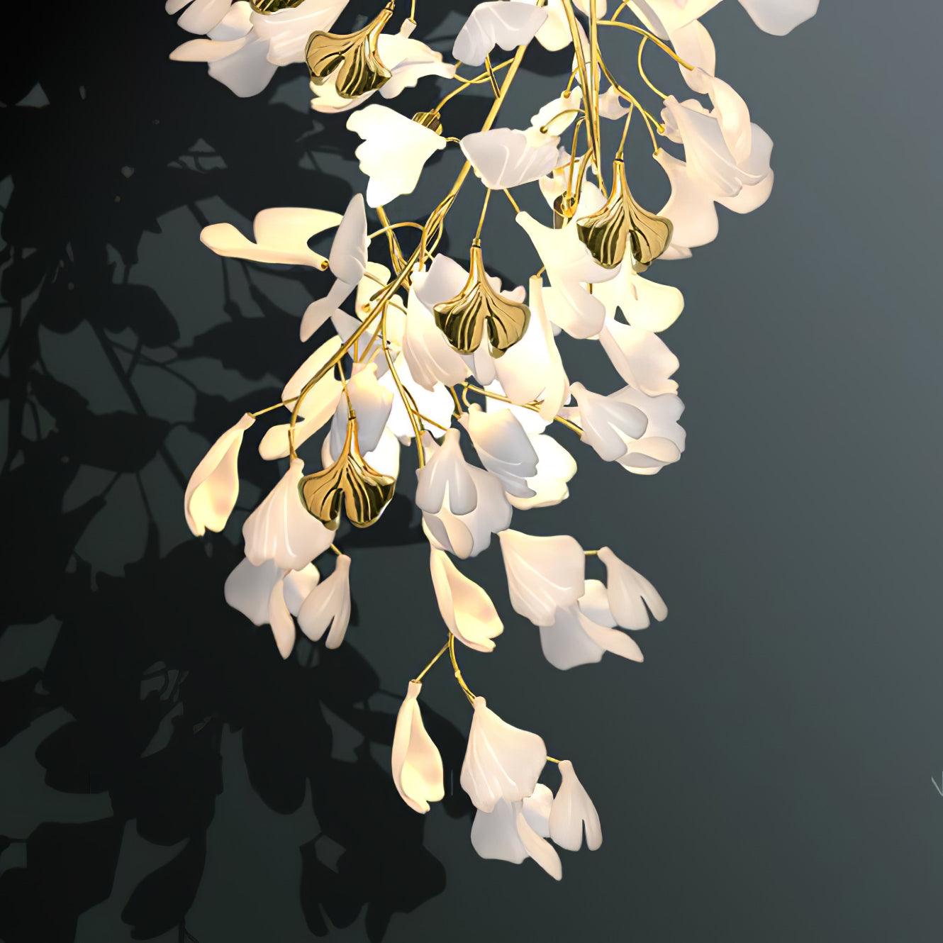 Mid Century Gold Gingko Flower Wall Sconce with Elegant White Ceramic Details for Indoor Lighting
