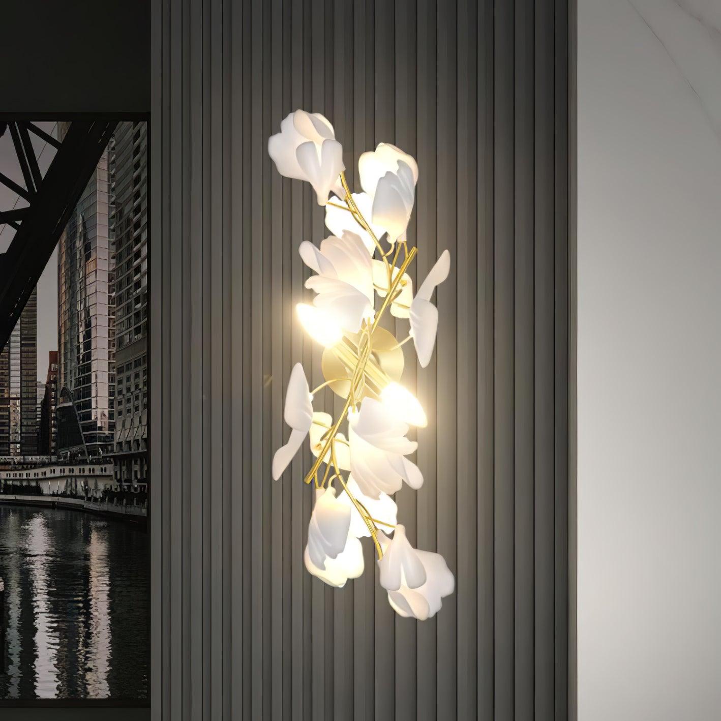 Mid Century Gold Gingko Flower Wall Sconce with Elegant White Ceramic Details for Indoor Lighting