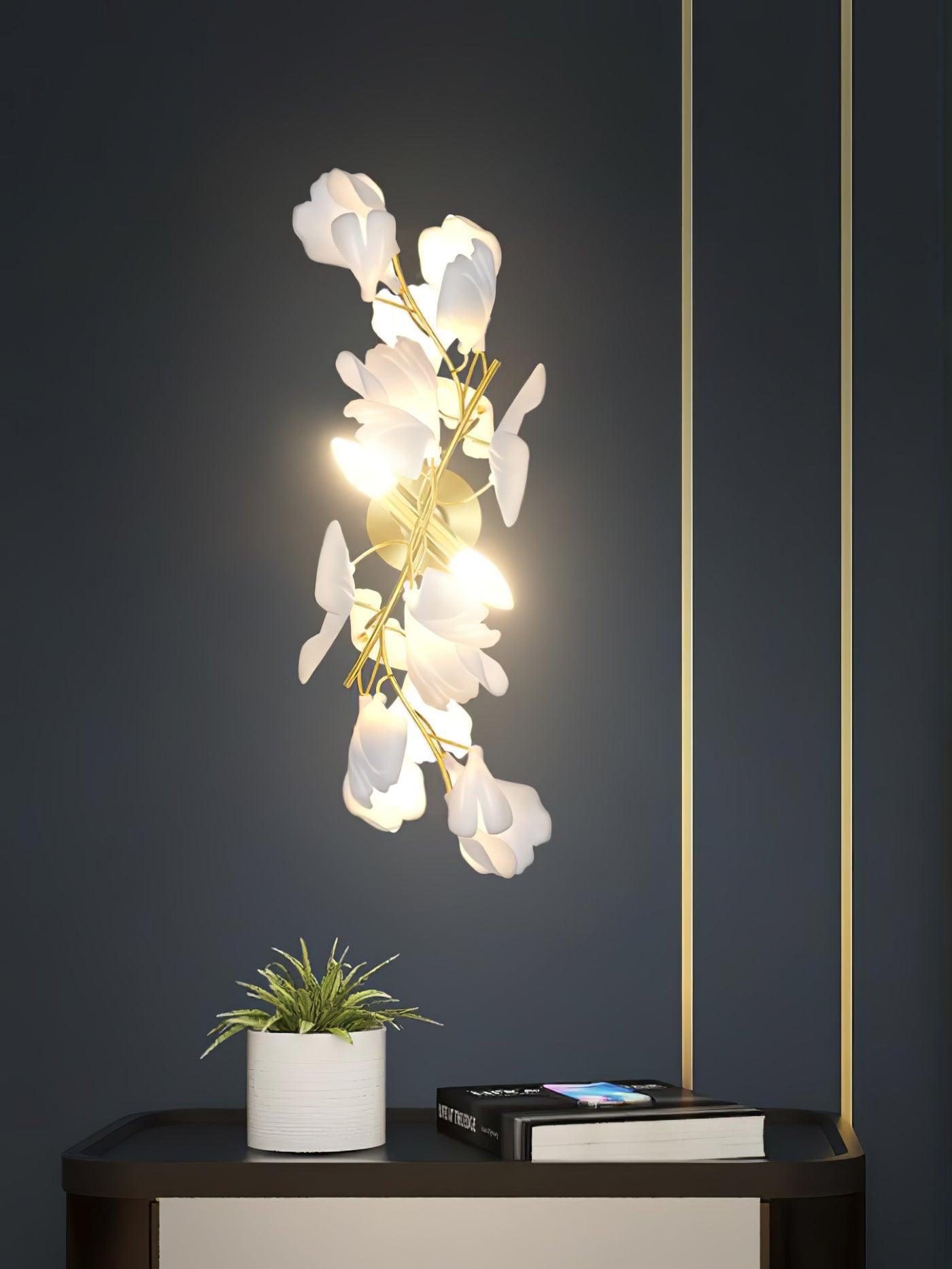 Mid Century Gold Gingko Flower Wall Sconce with Elegant White Ceramic Details for Indoor Lighting