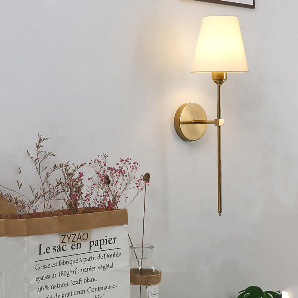 Mid Century Modern 1 Light Indoor Wall Sconce with White Linen Fabric Shade Black and Gold Finish