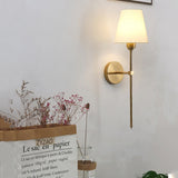 Mid Century Modern 1 Light Indoor Wall Sconce with White Linen Fabric Shade Black and Gold Finish