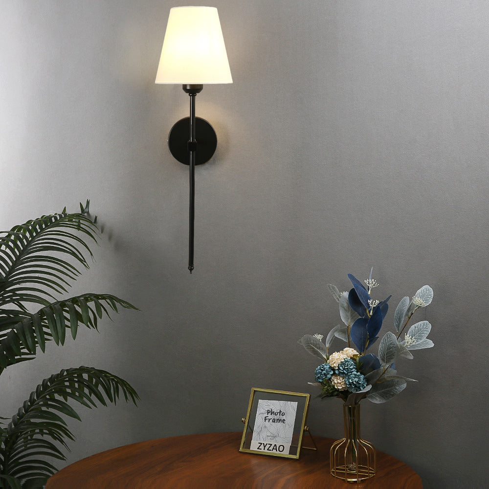Mid Century Modern 1 Light Indoor Wall Sconce with White Linen Fabric Shade Black and Gold Finish