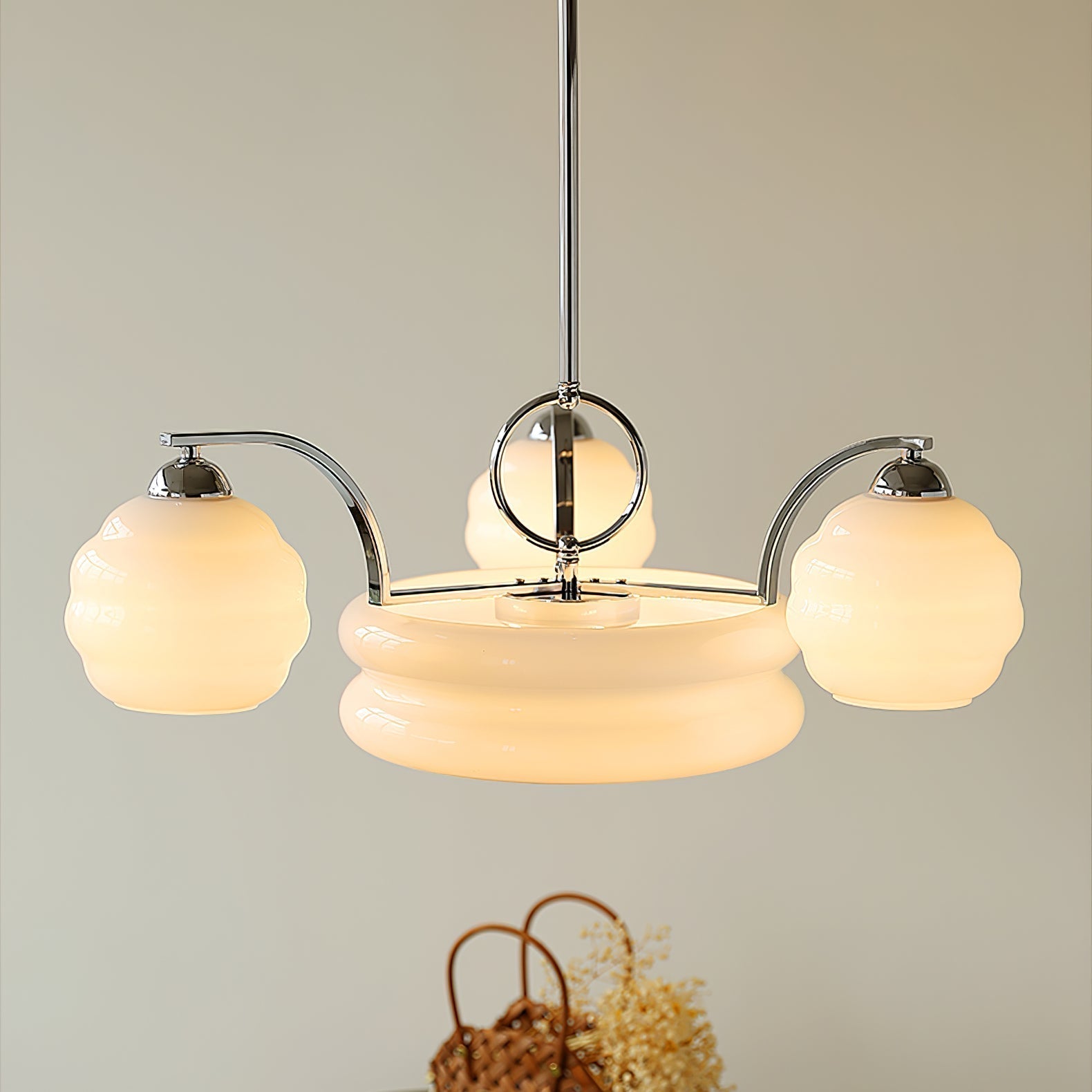 Mid Century Modern Art Deco Chandelier with Glass Globe Shades Vintage Electrolier Pendant Light