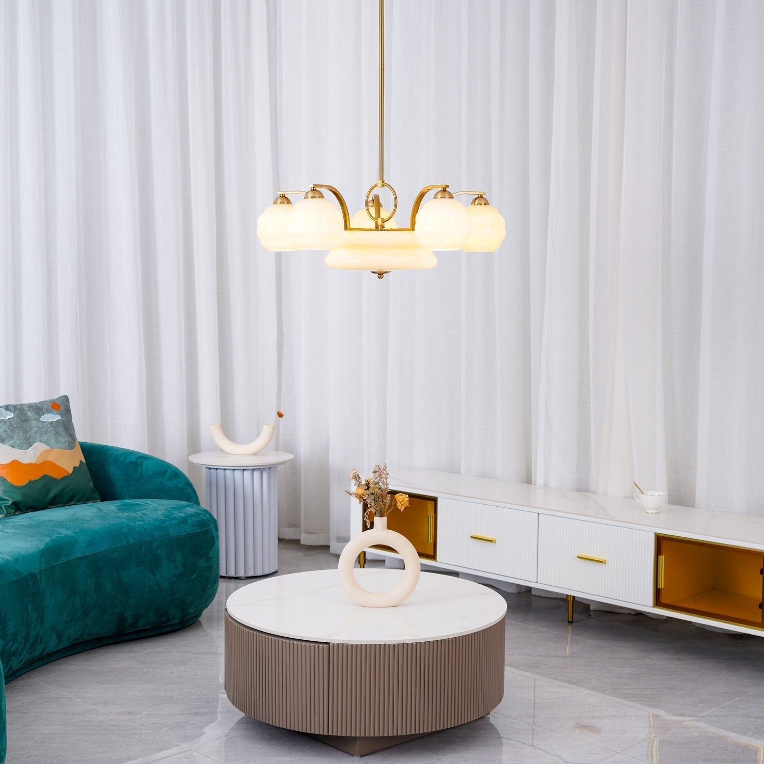 Mid Century Modern Art Deco Chandelier with Glass Globe Shades Vintage Electrolier Pendant Light