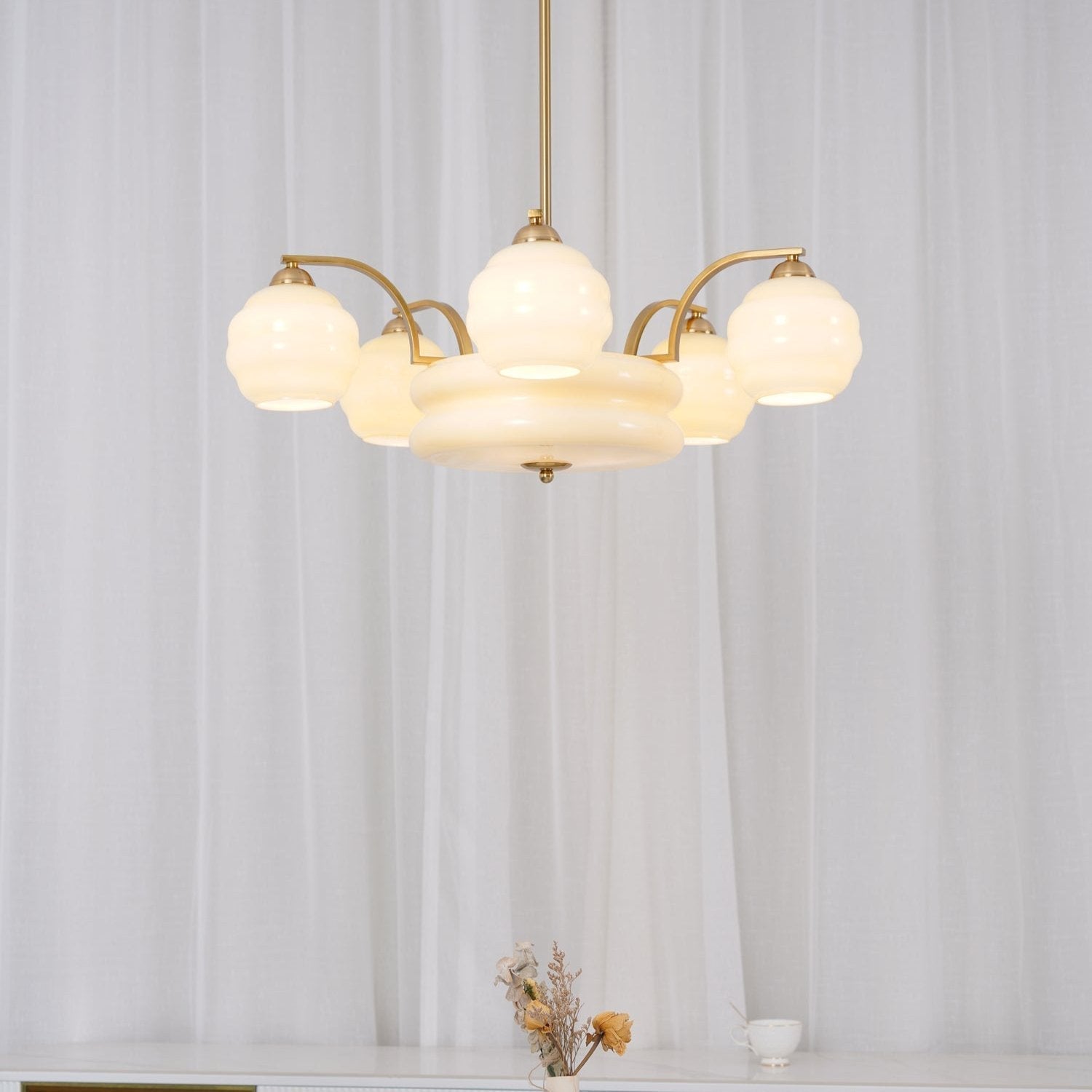 Mid Century Modern Art Deco Chandelier with Glass Globe Shades Vintage Electrolier Pendant Light