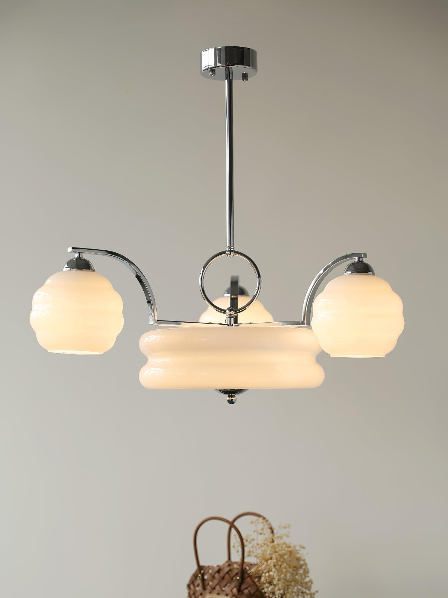 Mid Century Modern Art Deco Chandelier with Glass Globe Shades Vintage Electrolier Pendant Light
