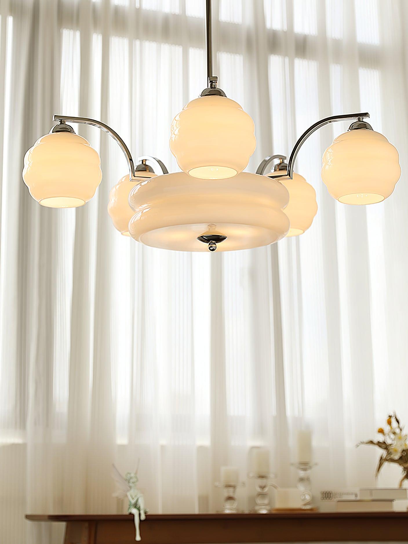 Mid Century Modern Art Deco Chandelier with Glass Globe Shades Vintage Electrolier Pendant Light