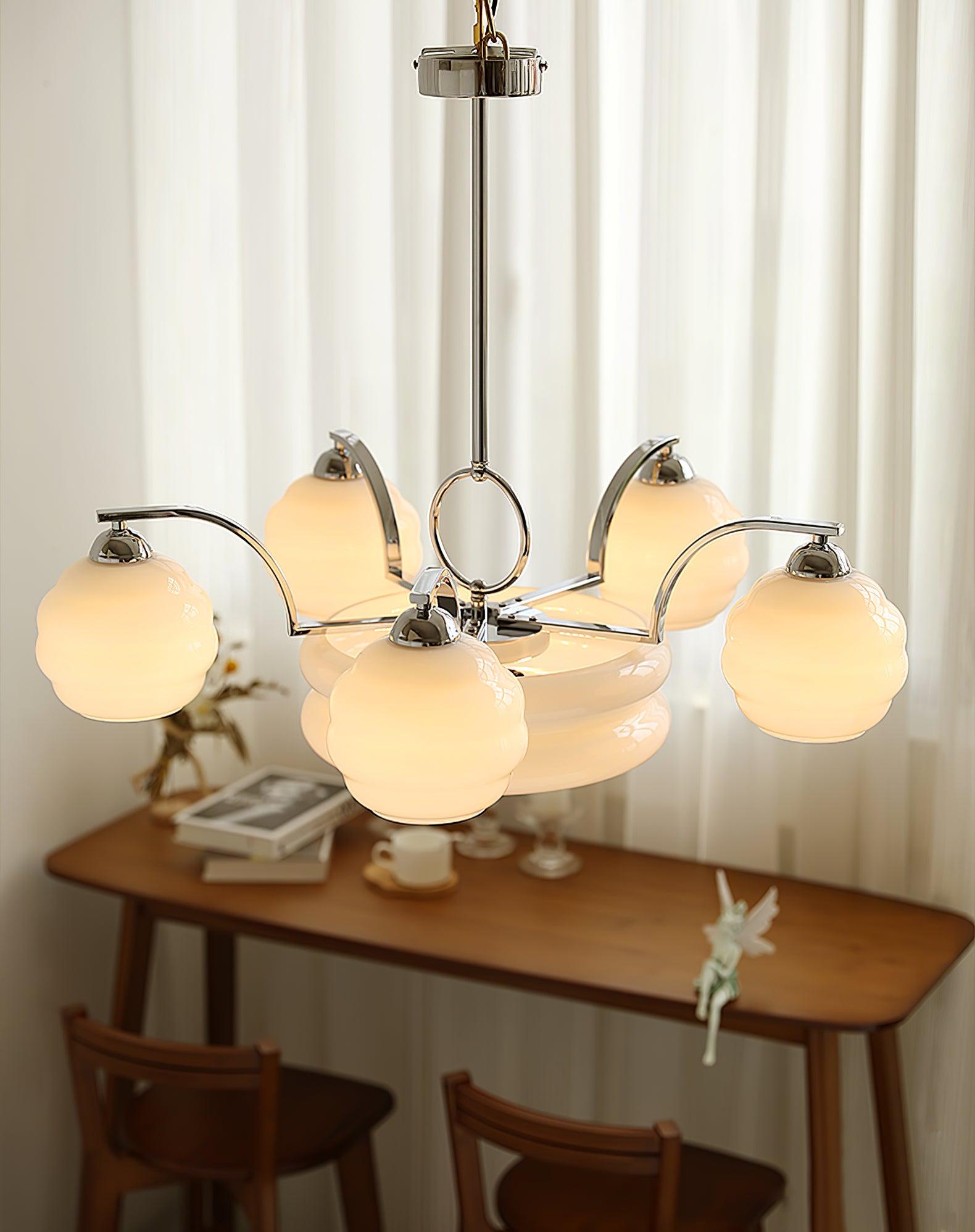 Mid Century Modern Art Deco Chandelier with Glass Globe Shades Vintage Electrolier Pendant Light