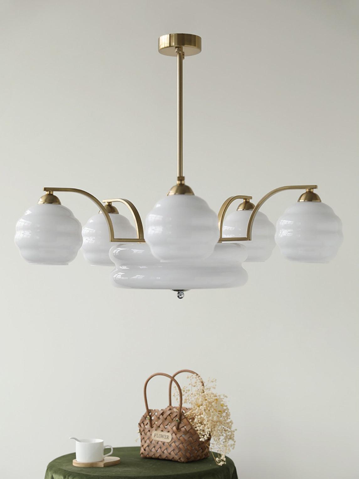 Mid Century Modern Art Deco Chandelier with Glass Globe Shades Vintage Electrolier Pendant Light