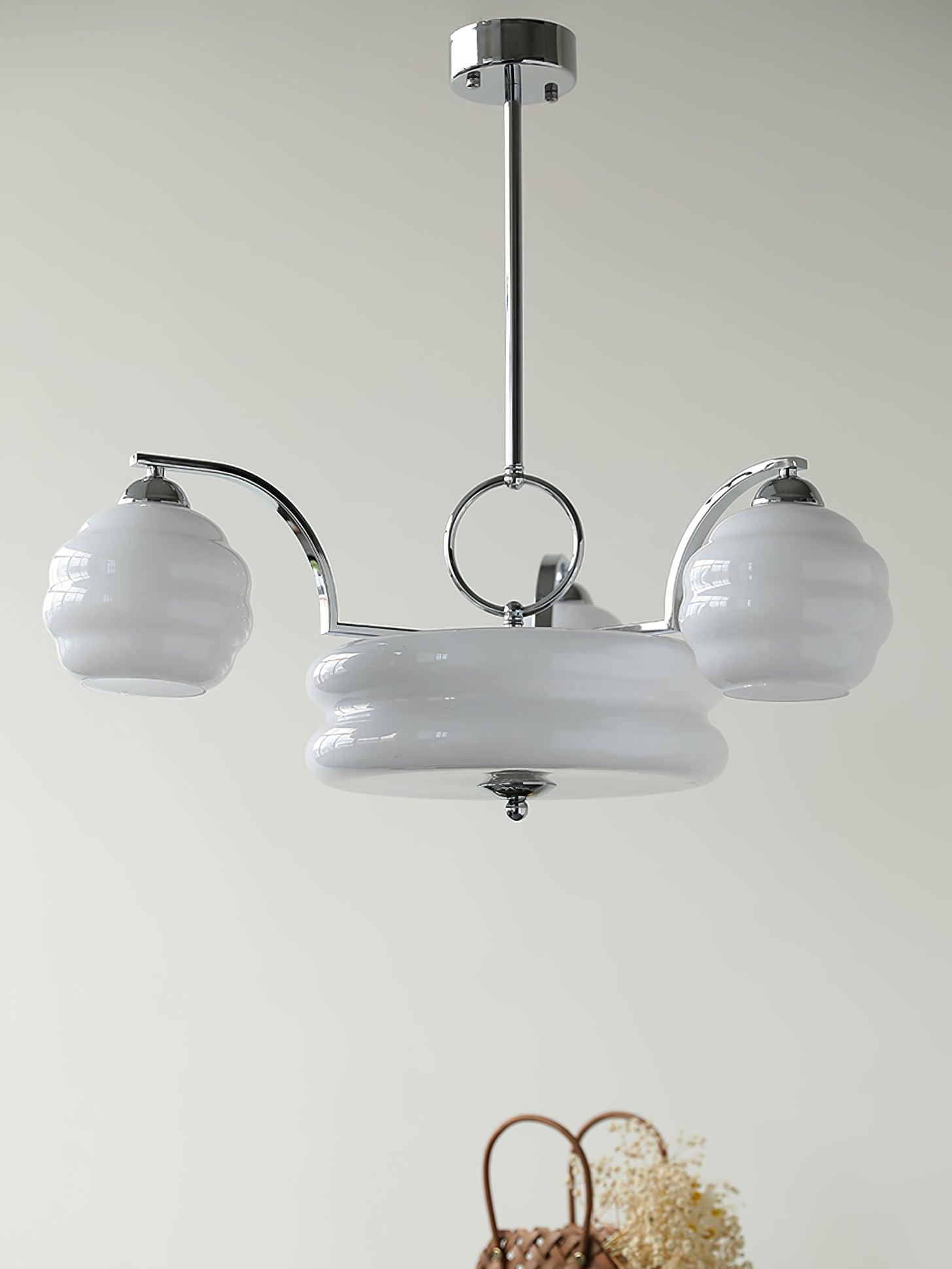 Mid Century Modern Art Deco Chandelier with Glass Globe Shades Vintage Electrolier Pendant Light