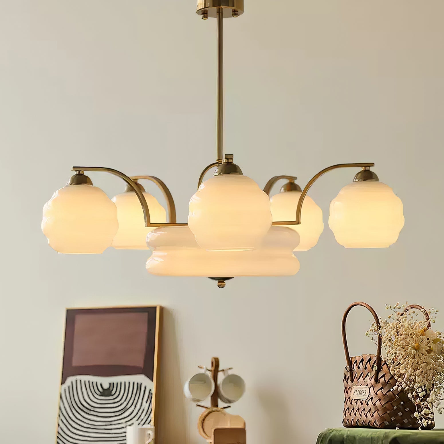 Mid Century Modern Art Deco Chandelier with Glass Globe Shades Vintage Electrolier Pendant Light