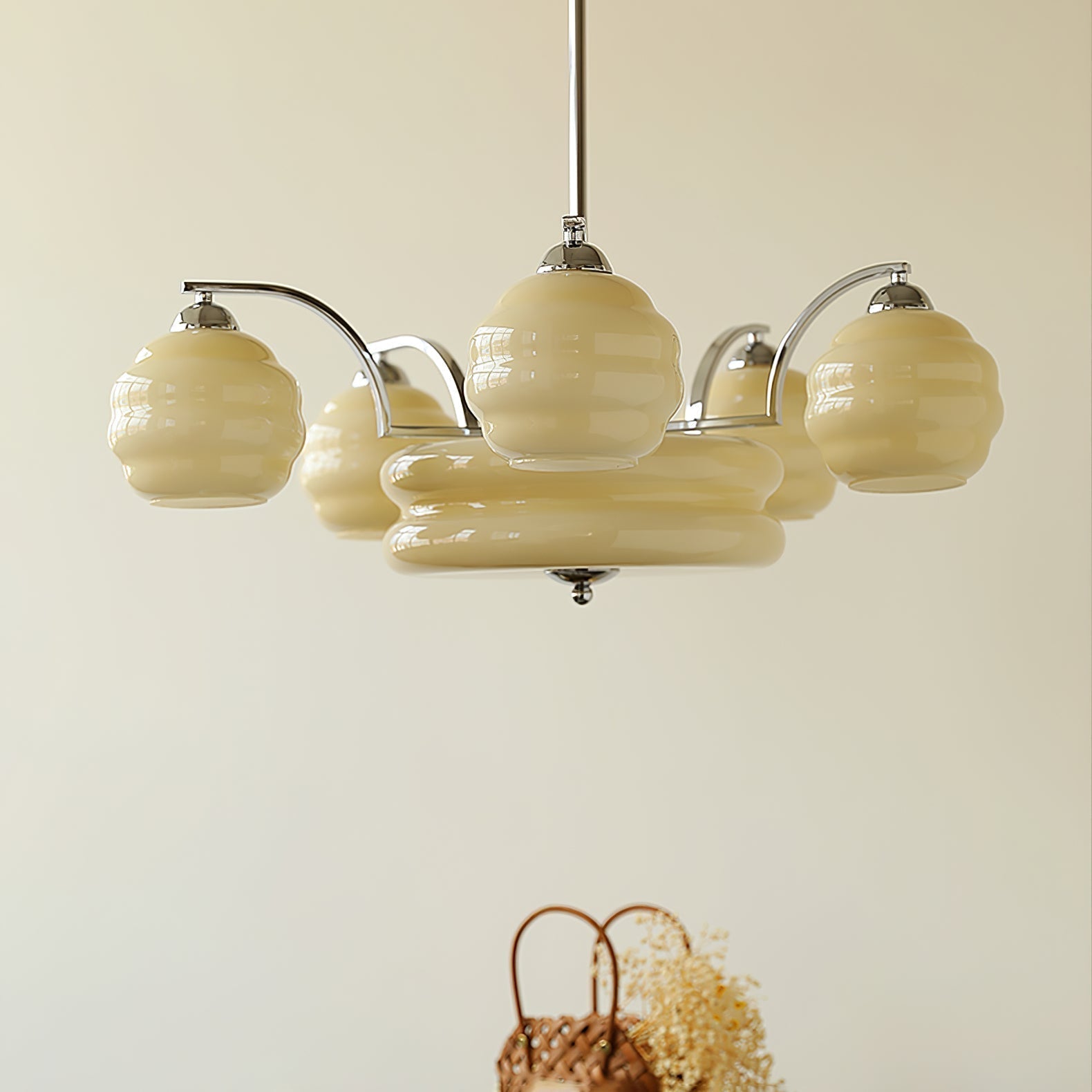 Mid Century Modern Art Deco Chandelier with Glass Globe Shades Vintage Electrolier Pendant Light