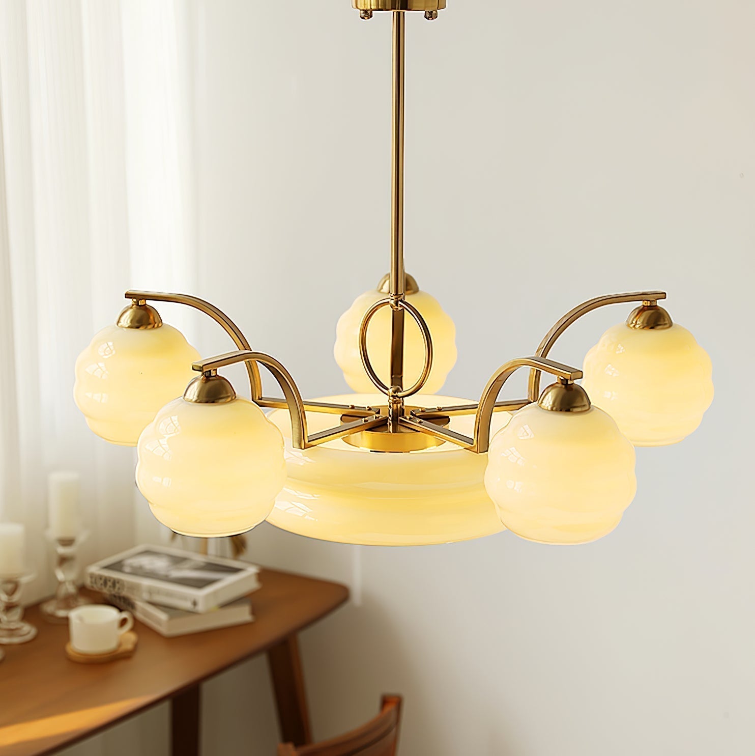 Mid Century Modern Art Deco Chandelier with Glass Globe Shades Vintage Electrolier Pendant Light