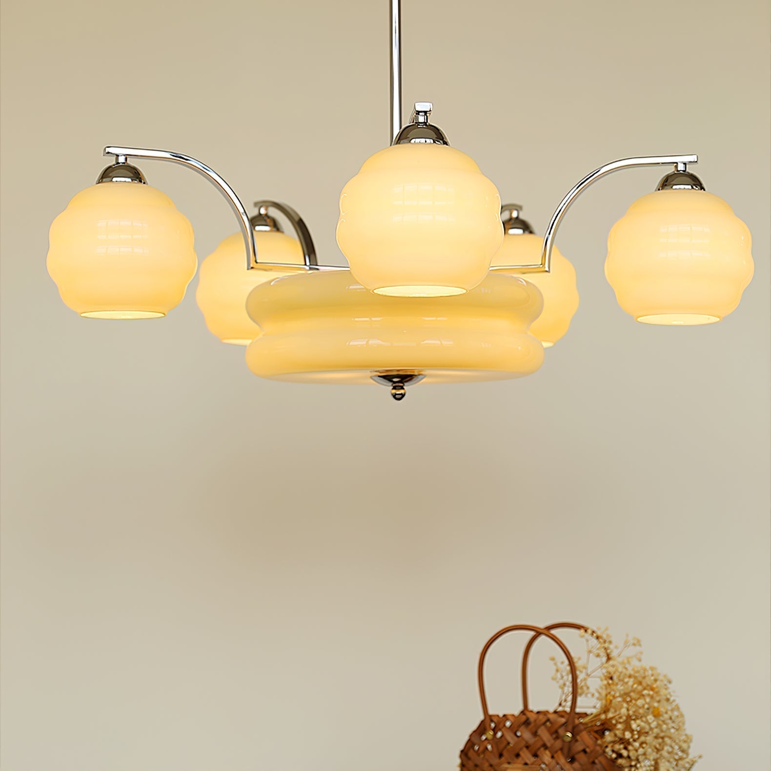 Mid Century Modern Art Deco Chandelier with Glass Globe Shades Vintage Electrolier Pendant Light
