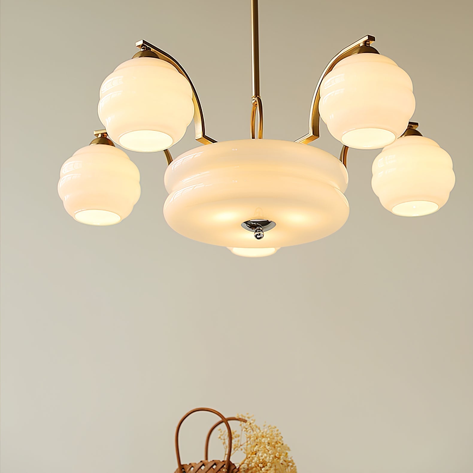 Mid Century Modern Art Deco Chandelier with Glass Globe Shades Vintage Electrolier Pendant Light