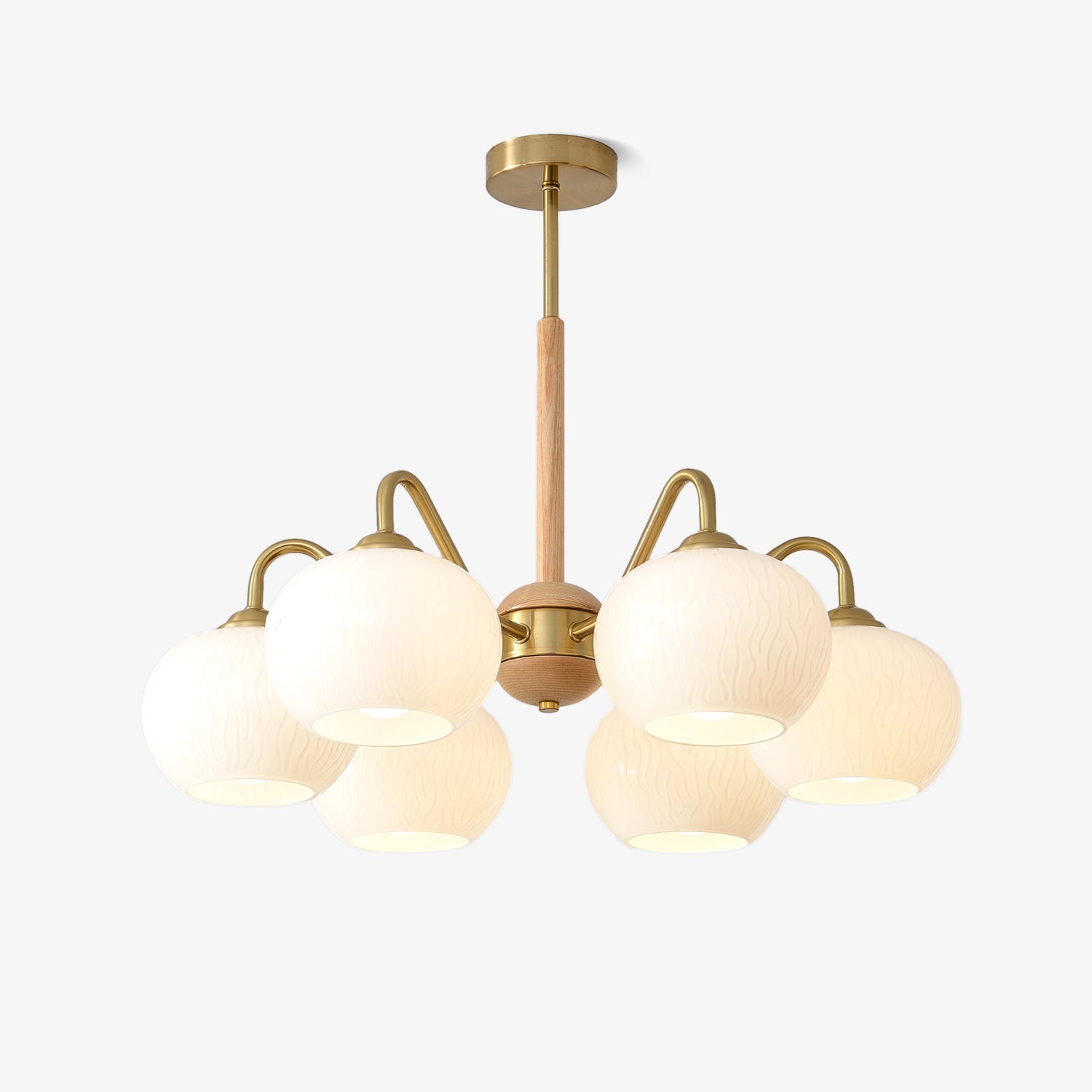 Mid Century Modern Brass and Ash Wood Chandelier Pendant Light with White Glass Shades