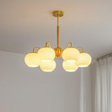 Mid Century Modern Brass and Ash Wood Chandelier Pendant Light with White Glass Shades