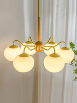 Mid Century Modern Brass and Ash Wood Chandelier Pendant Light with White Glass Shades