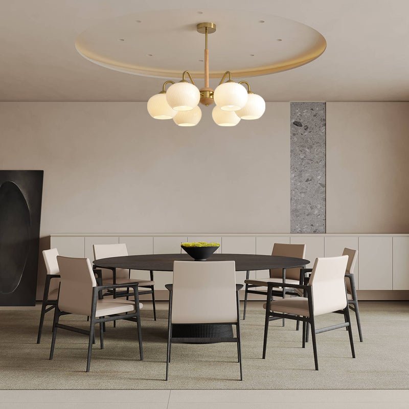 Mid Century Modern Brass and Ash Wood Chandelier Pendant Light with White Glass Shades