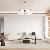 Mid Century Modern Brass and Ash Wood Chandelier Pendant Light with White Glass Shades