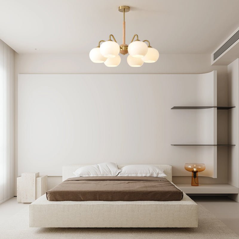 Mid Century Modern Brass and Ash Wood Chandelier Pendant Light with White Glass Shades