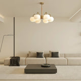 Mid Century Modern Brass and Ash Wood Chandelier Pendant Light with White Glass Shades