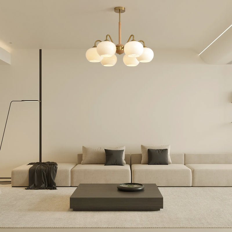 Mid Century Modern Brass and Ash Wood Chandelier Pendant Light with White Glass Shades