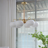 Mid Century Modern Brass and Ash Wood Chandelier Pendant Light with White Glass Shades