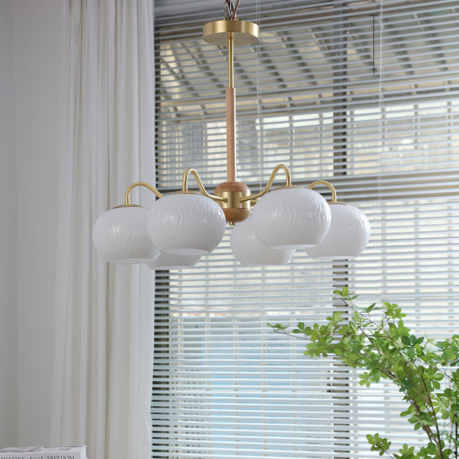 Mid Century Modern Brass and Ash Wood Chandelier Pendant Light with White Glass Shades