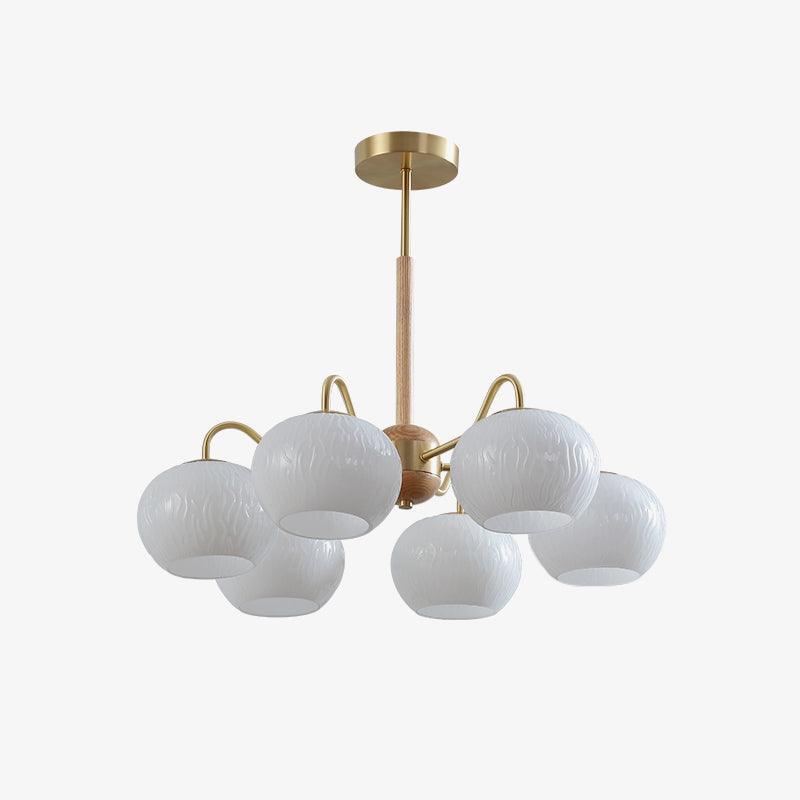 Mid Century Modern Brass and Ash Wood Chandelier Pendant Light with White Glass Shades