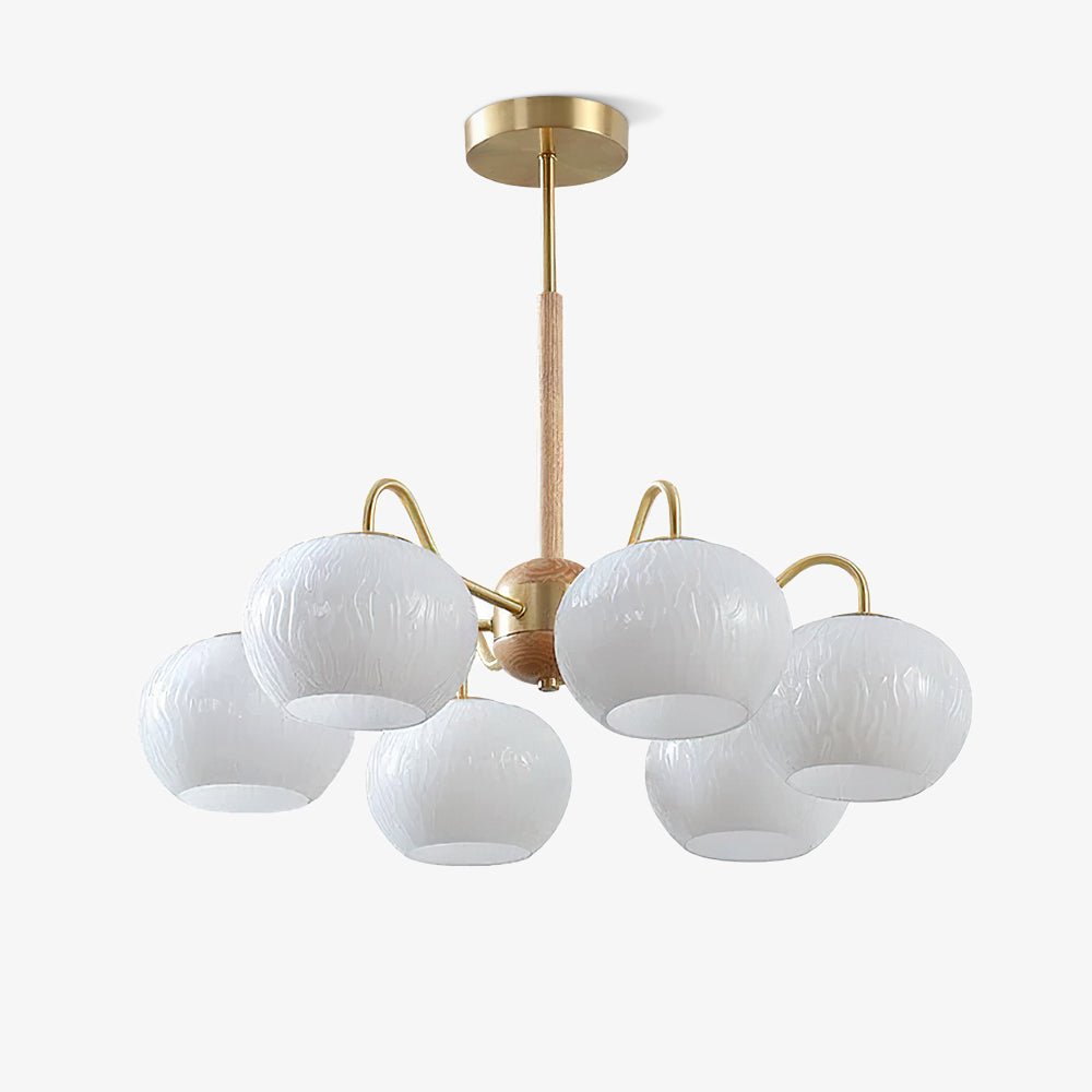 Mid Century Modern Brass and Ash Wood Chandelier Pendant Light with White Glass Shades
