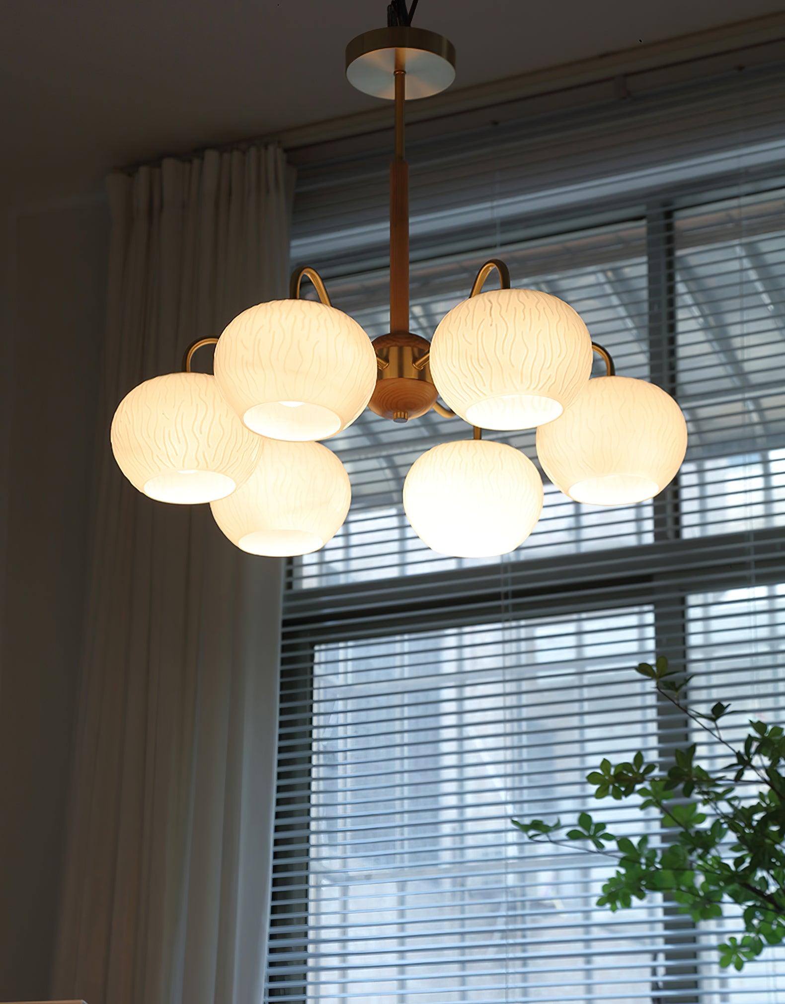 Mid Century Modern Brass and Ash Wood Chandelier Pendant Light with White Glass Shades