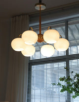 Mid Century Modern Brass and Ash Wood Chandelier Pendant Light with White Glass Shades