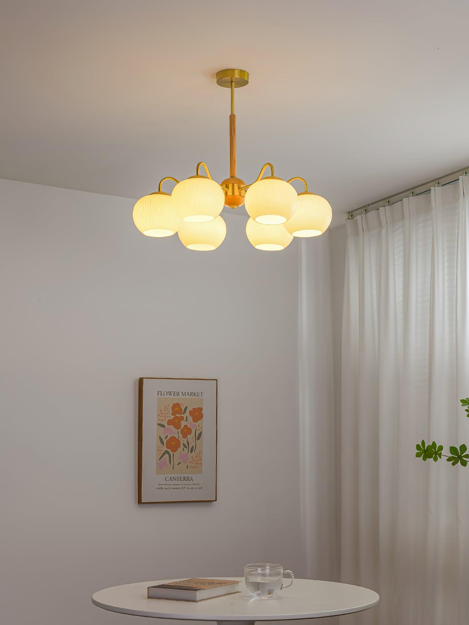 Mid Century Modern Brass and Ash Wood Chandelier Pendant Light with White Glass Shades
