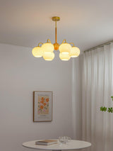 Mid Century Modern Brass and Ash Wood Chandelier Pendant Light with White Glass Shades