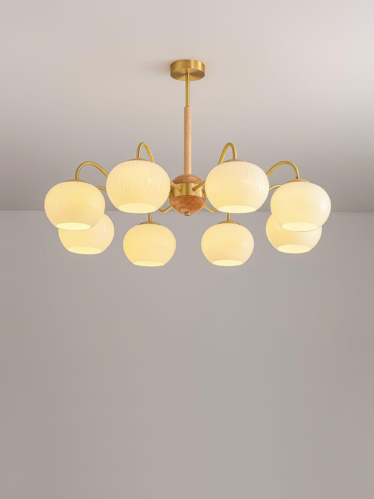 Mid Century Modern Brass and Ash Wood Chandelier Pendant Light with White Glass Shades