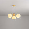 Mid Century Modern Brass and Ash Wood Chandelier Pendant Light with White Glass Shades