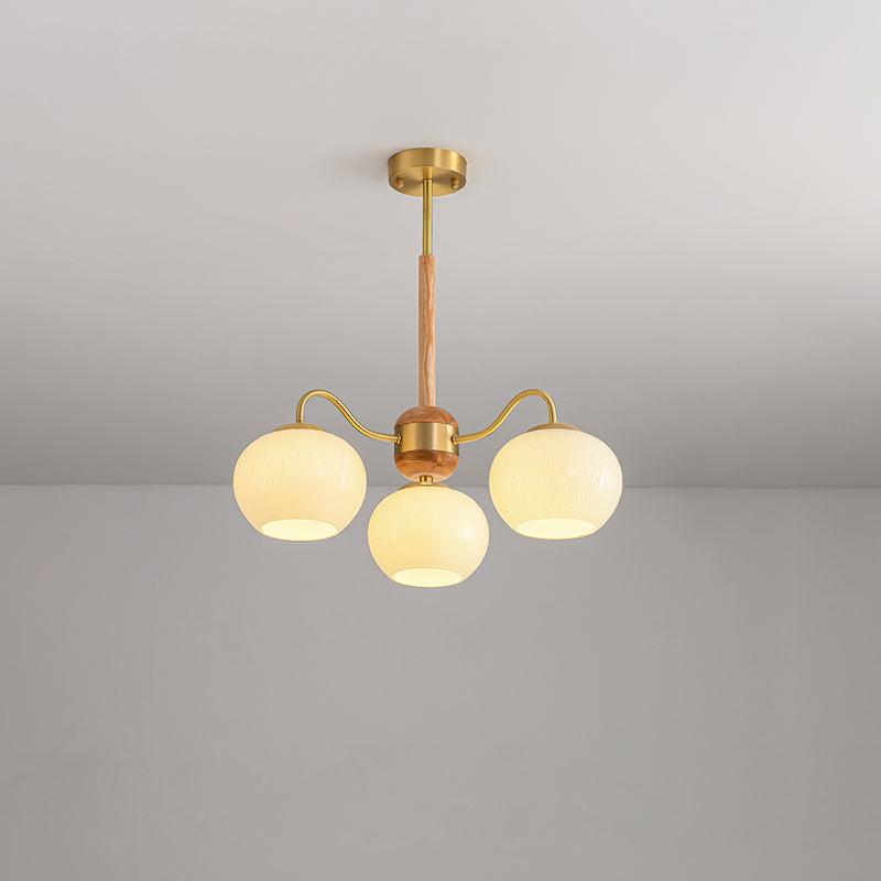 Mid Century Modern Brass and Ash Wood Chandelier Pendant Light with White Glass Shades