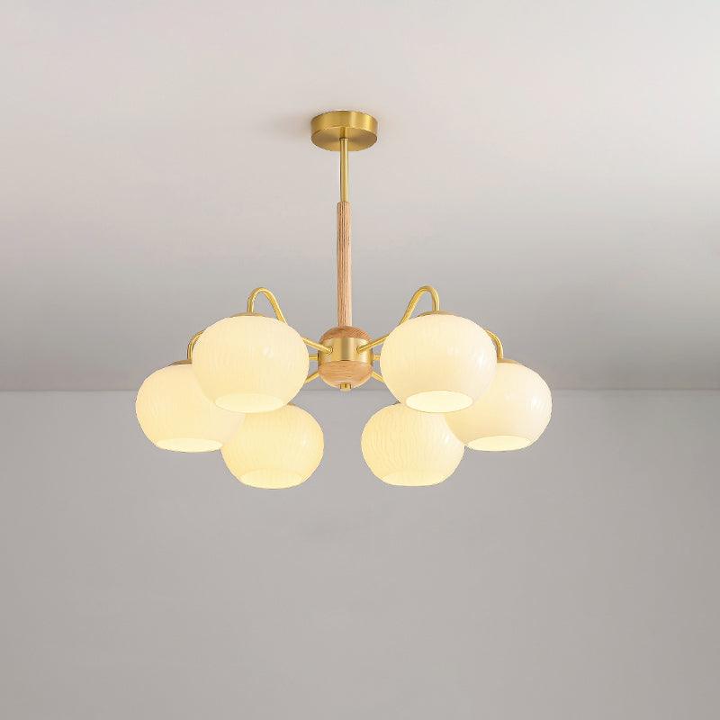 Mid Century Modern Brass and Ash Wood Chandelier Pendant Light with White Glass Shades