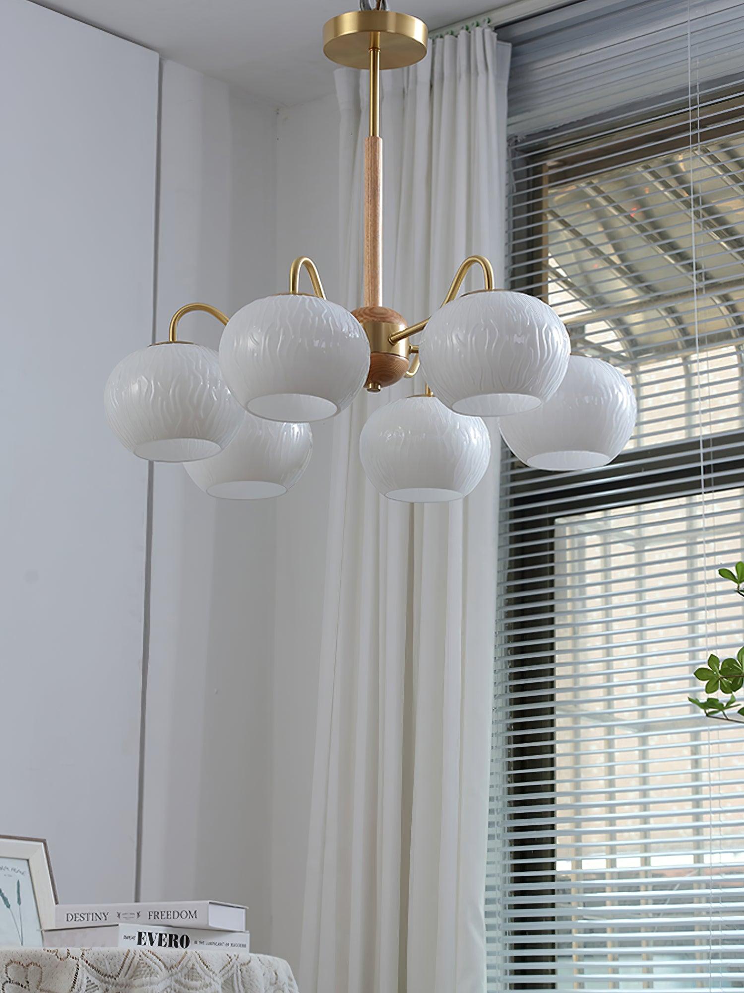 Mid Century Modern Brass and Ash Wood Chandelier Pendant Light with White Glass Shades
