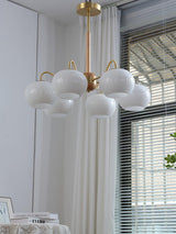 Mid Century Modern Brass and Ash Wood Chandelier Pendant Light with White Glass Shades