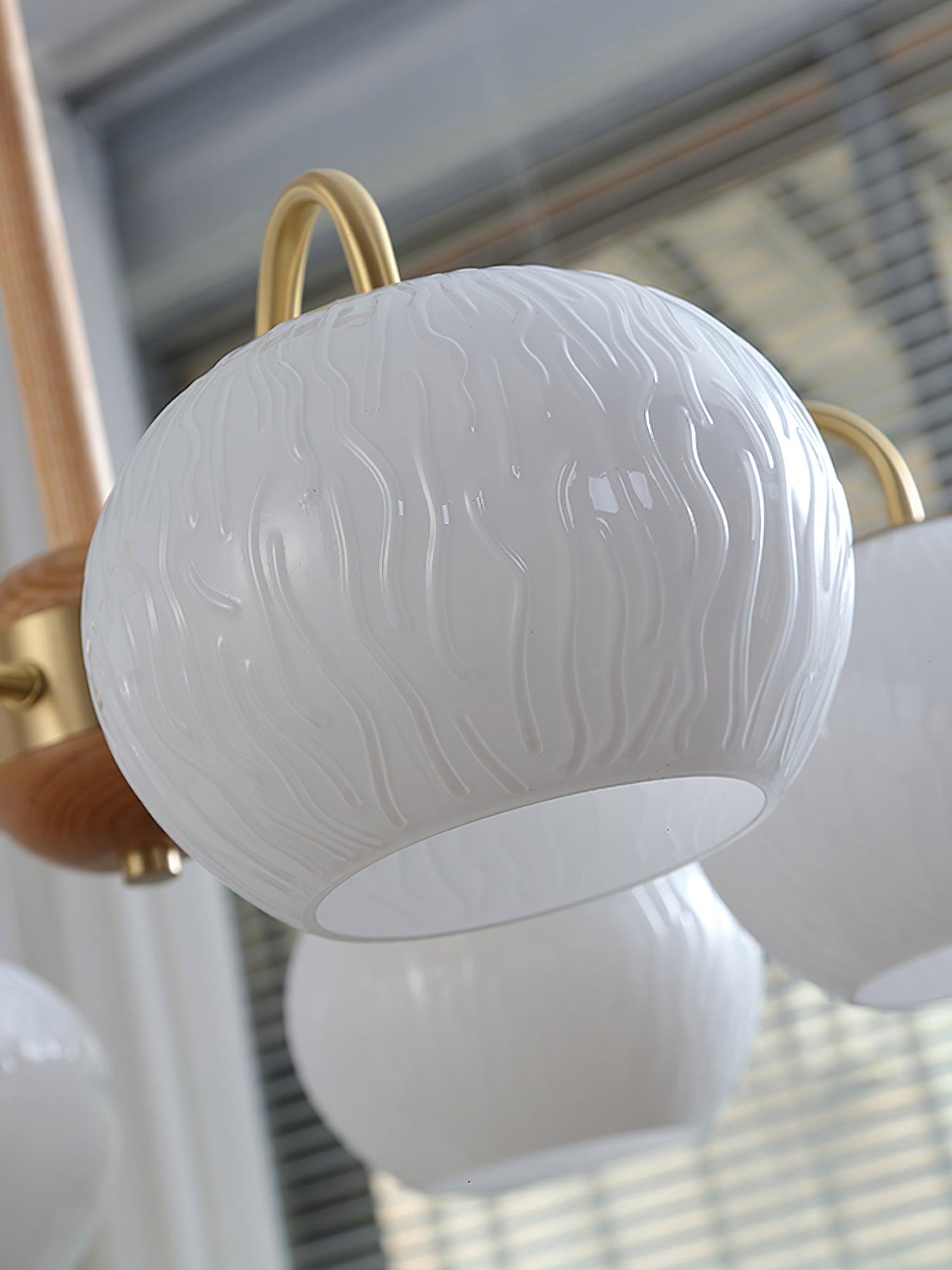 Mid Century Modern Brass and Ash Wood Chandelier Pendant Light with White Glass Shades