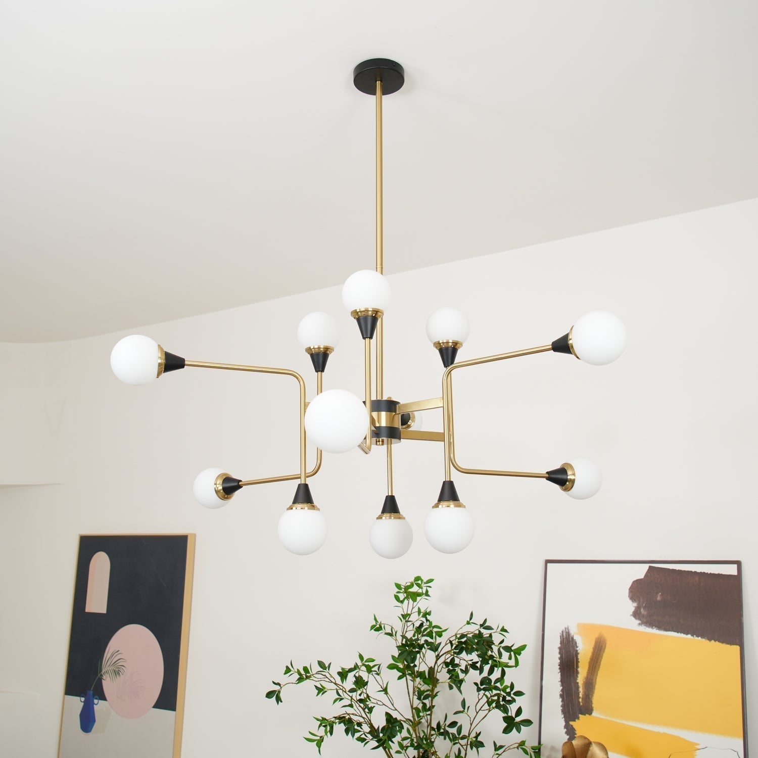Mid Century Modern Brass Chandelier with Blown White Glass Globes and Bent Arms