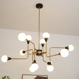 Mid Century Modern Brass Chandelier with Blown White Glass Globes and Bent Arms